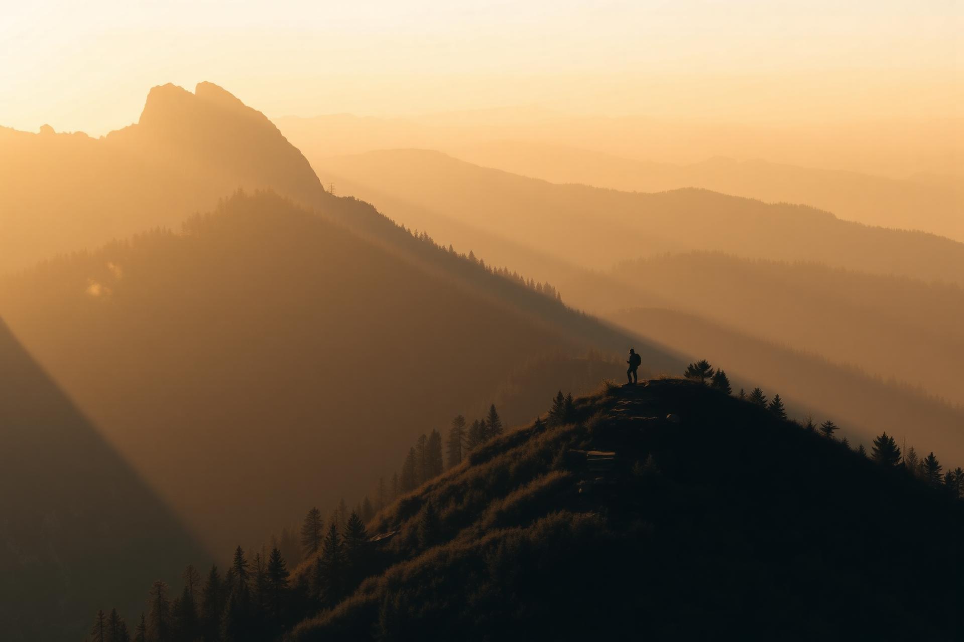 Lone hiker on a misty ridgeline at golden hour