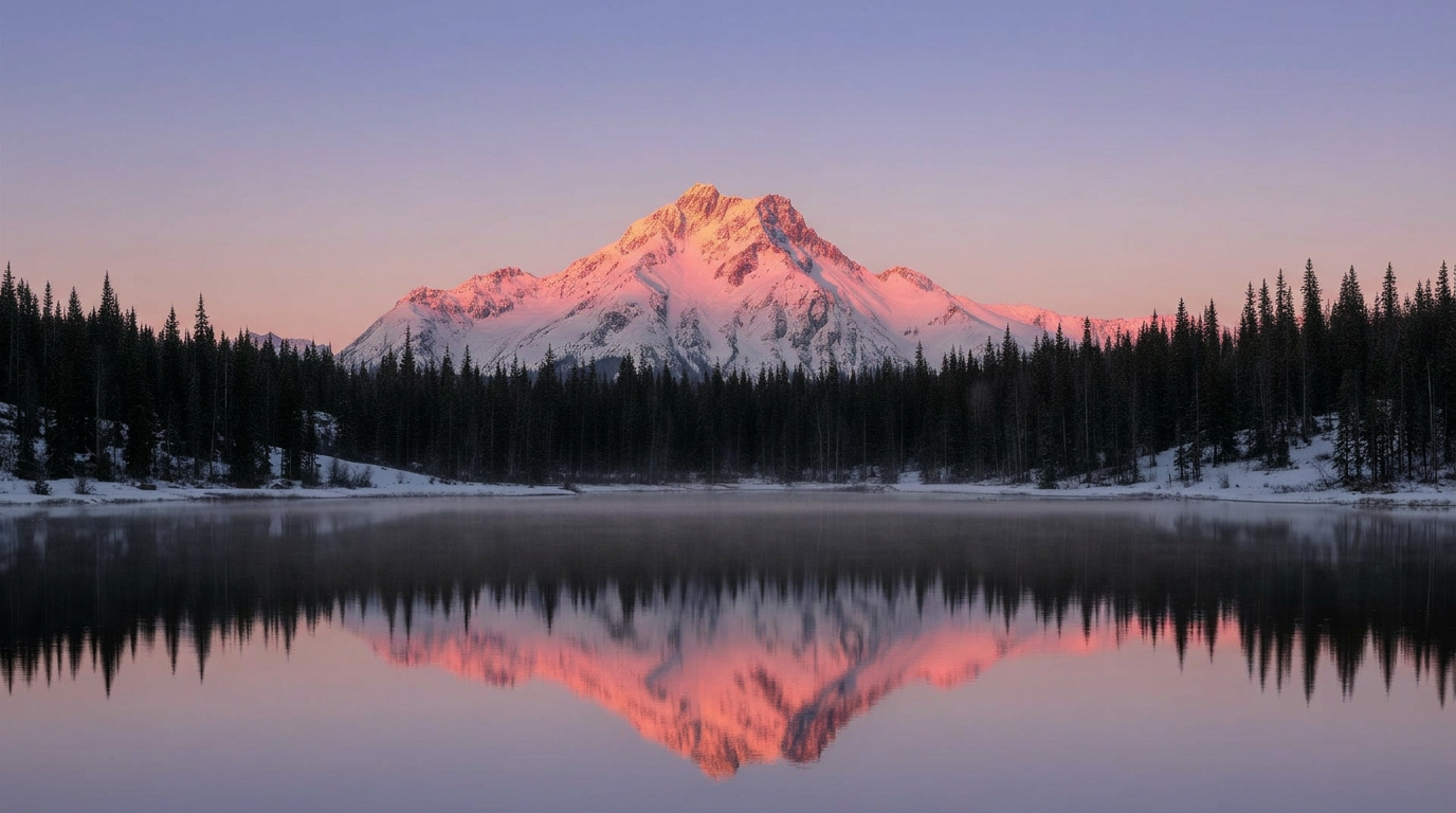 Snow-capped peak glowing pink at sunrise above an evergreen tree line, mirrored in a still alpine lake