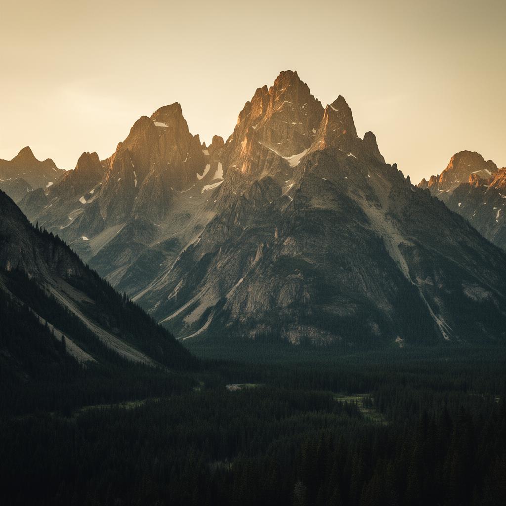 Granite ridgeline at golden hour above deep forest valley