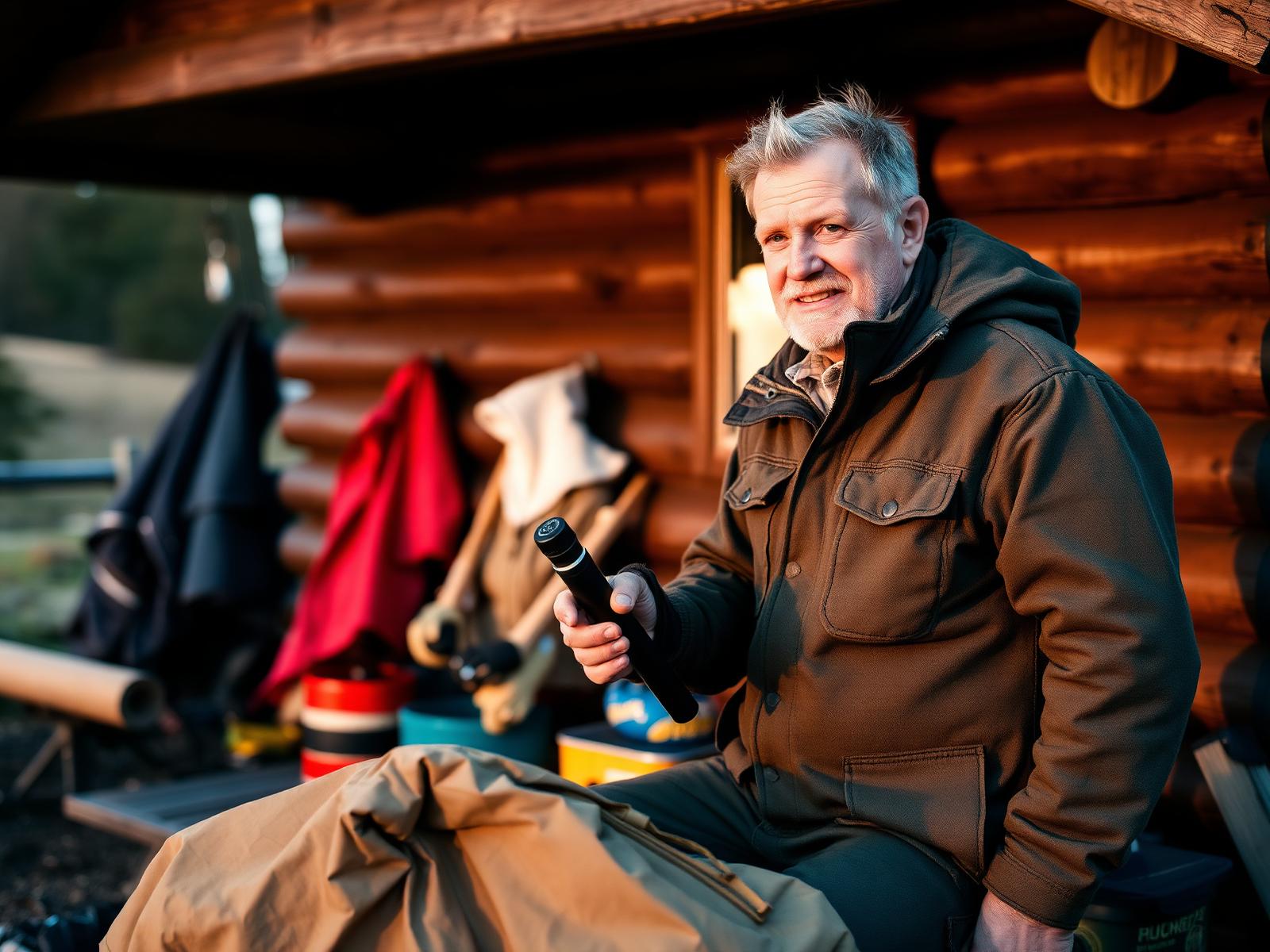 Local guide preparing gear outside a wooden cabin at sunrise